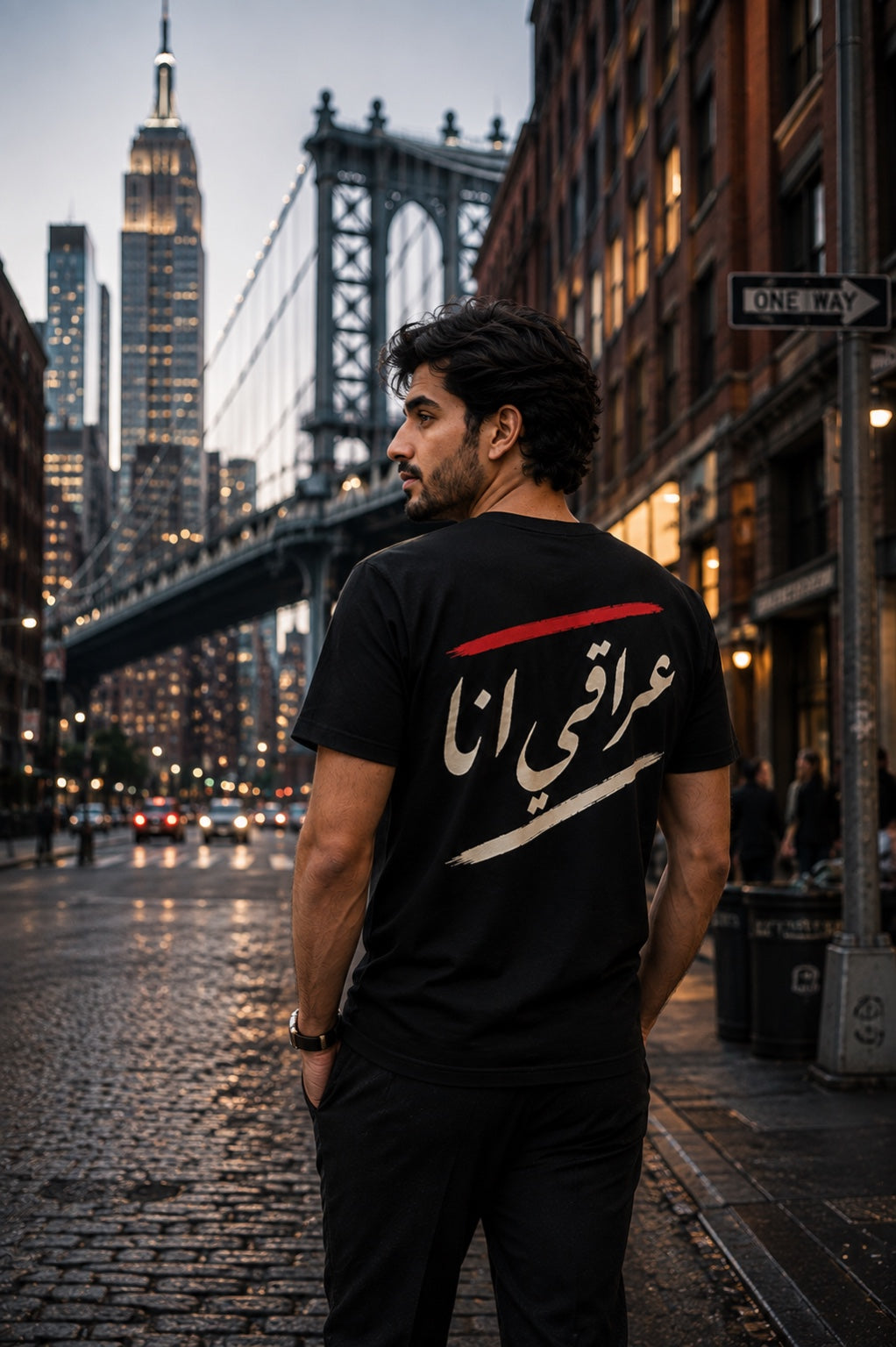 Man wearing black I'm Iraqi T-shirt, back view