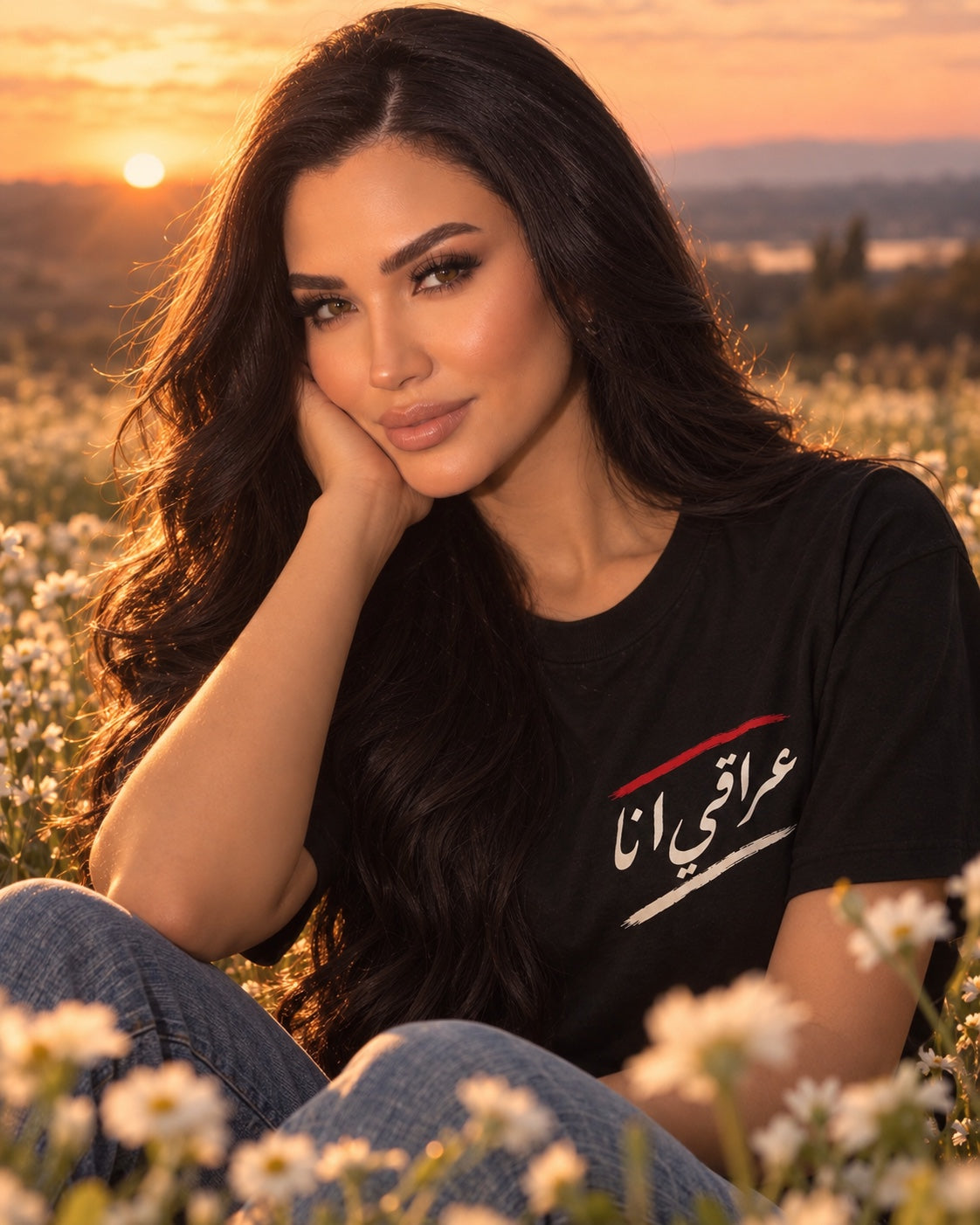 Woman wearing black I'm Iraqi T-shirt, front view