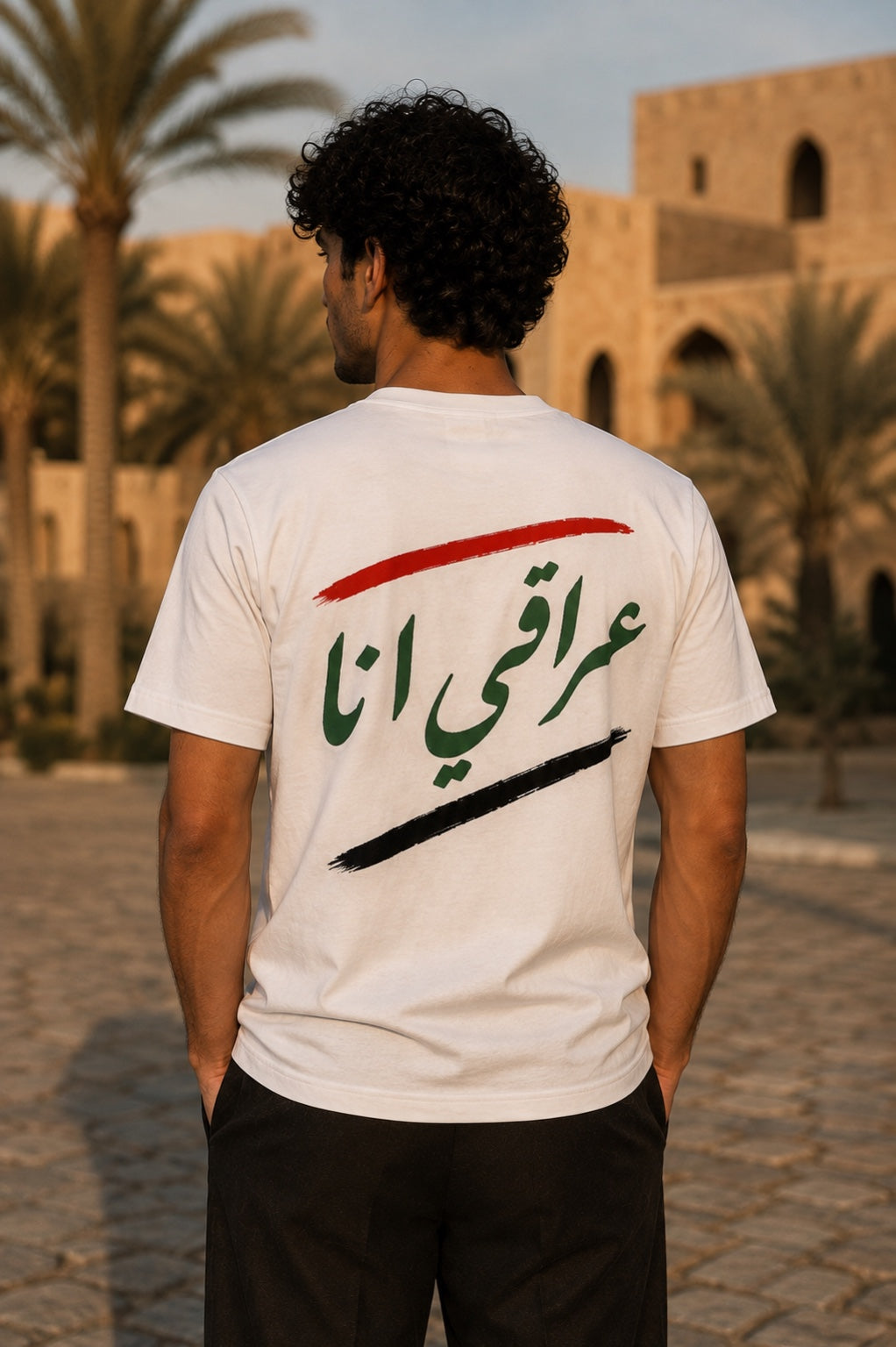 Man wearing white I'm Iraqi T-shirt, back view