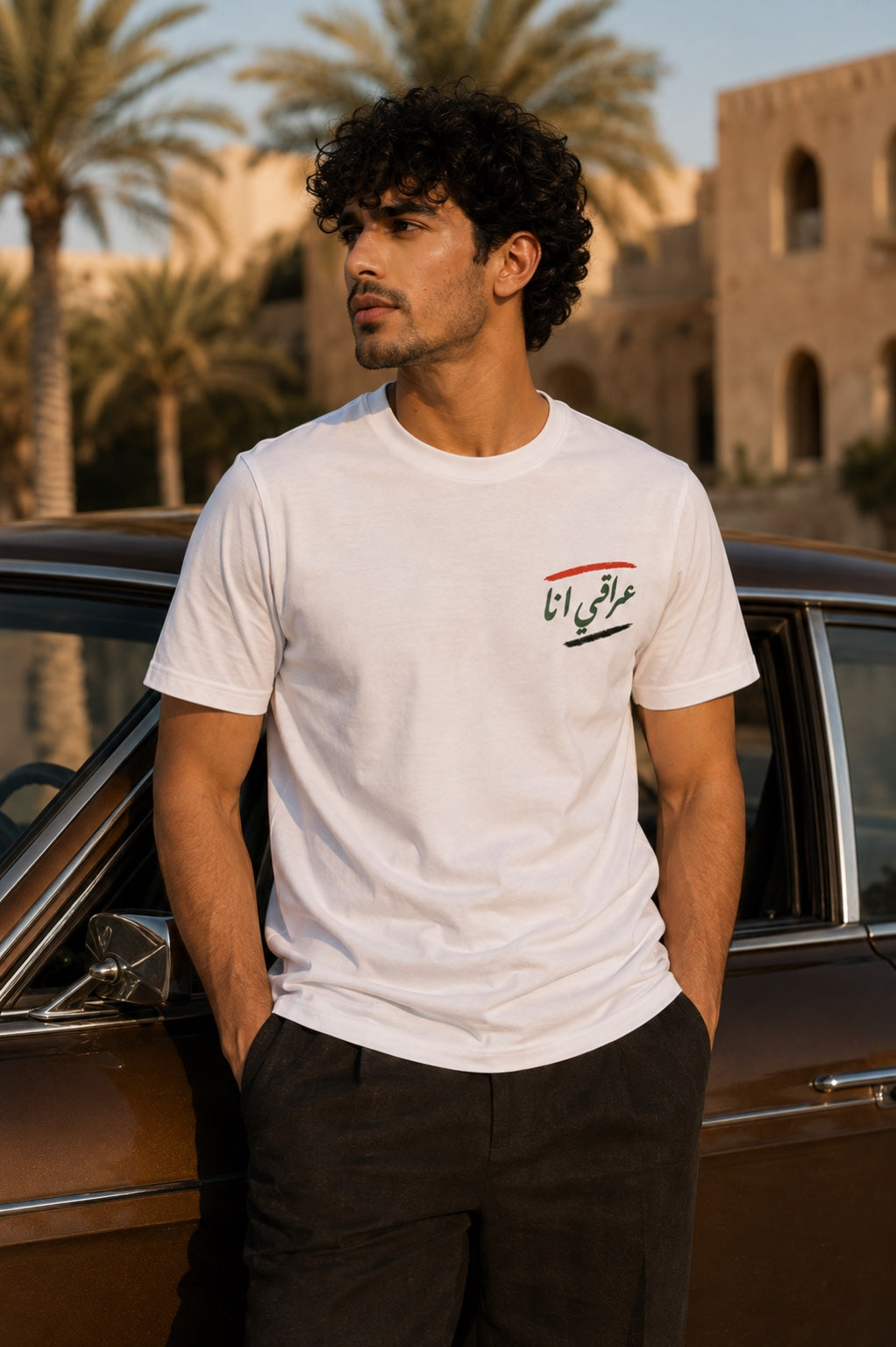 Man wearing white I'm Iraqi T-shirt, front view