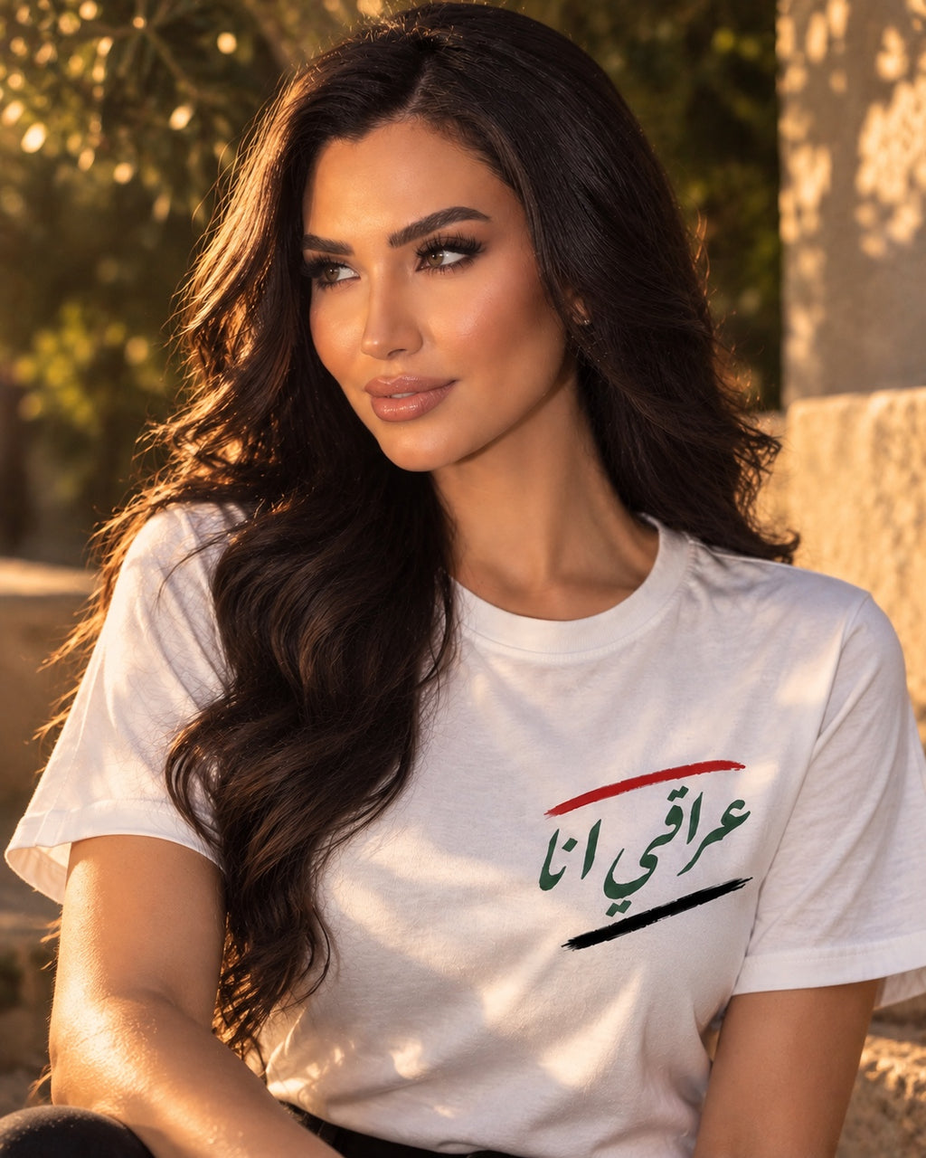 Woman wearing white I'm Iraqi T-shirt outdoors