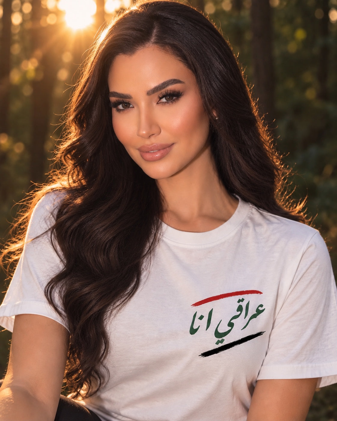 Woman modeling white I'm Iraqi T-shirt