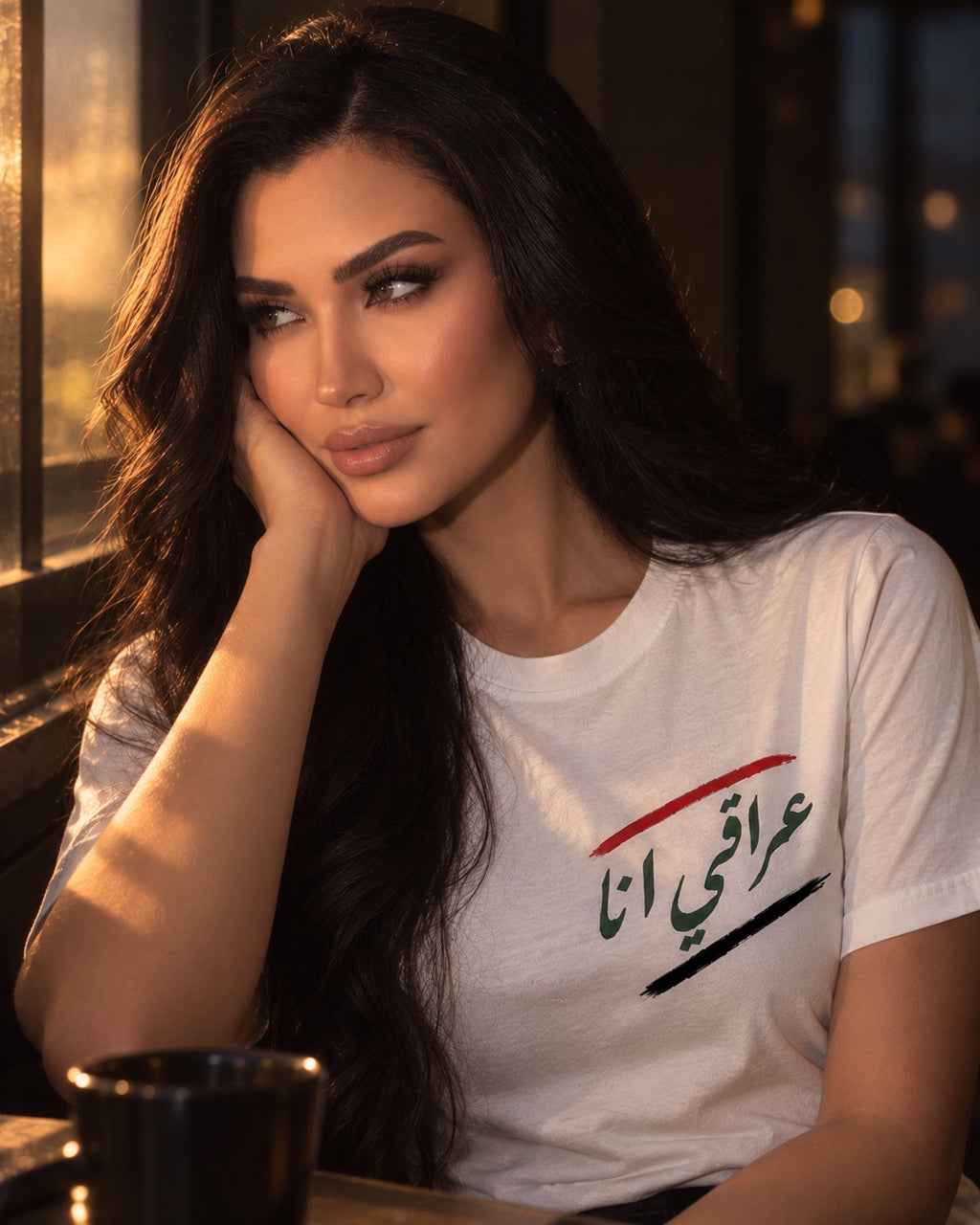 Woman wearing white I'm Iraqi T-shirt by a window